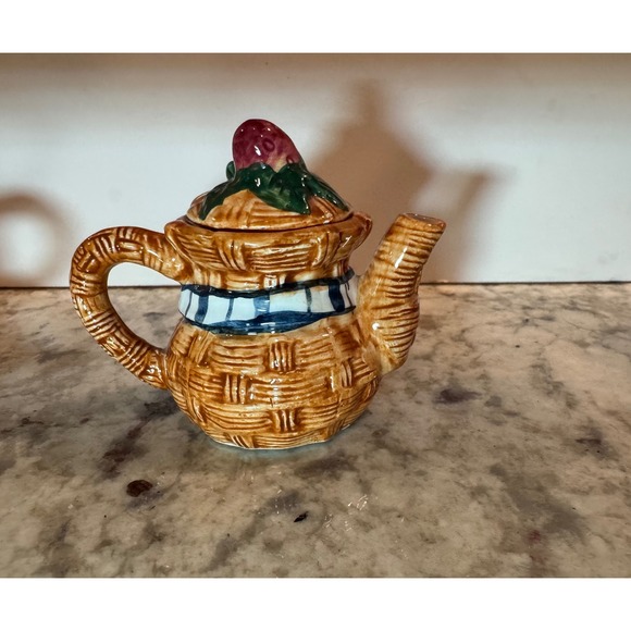 Mini Ceramic Teapot Ribbon Design Whimsical  Decor 2.5" - Picture 4 of 9